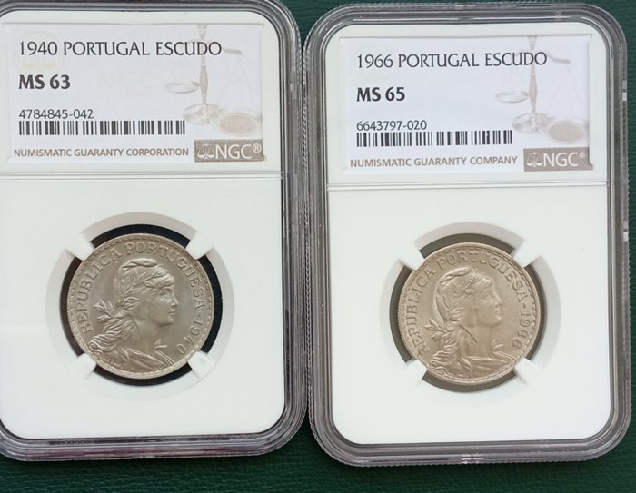 Portugal. Republic. 1 Escudo 1940/1966(2 moedas encapsuladas). MS63, MS66  (Ingen mindstepris)