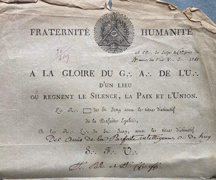 . - A la Gloire  du G. A. DE. L'U. / Parfaite Égalité (Franc-Maconnerie) - signed and handwritten - 1811