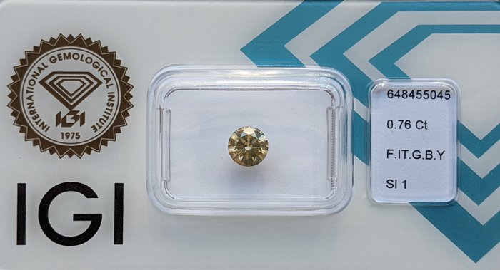 Ingen mindstepris - 1 pcs Diamant  (Naturfarvet)  - 0.76 ct - Rund - Fancy intense Brunlig, Grålig Gul - SI1 - International Gemological Institute (IGI)