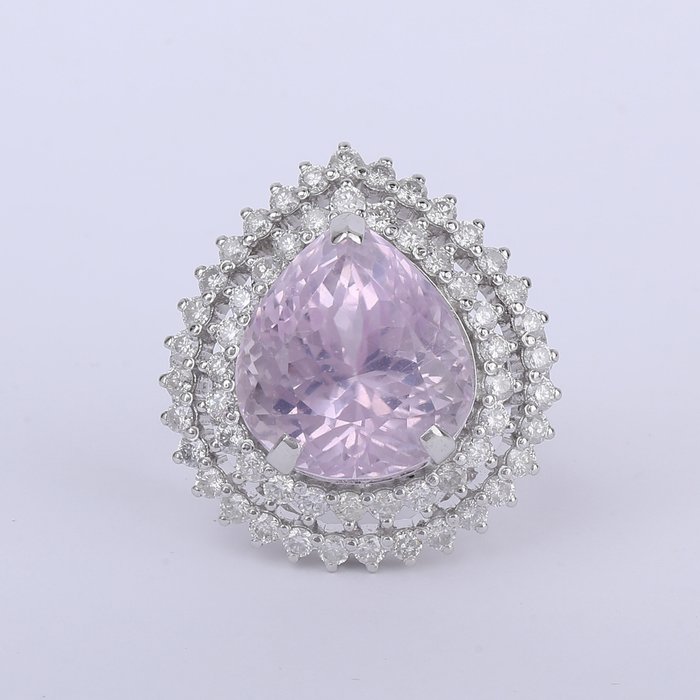 Cocktailring - 14 karat Hvidguld -  25.55ct. tw. Kunzit - Diamant - Kunzite diamantring