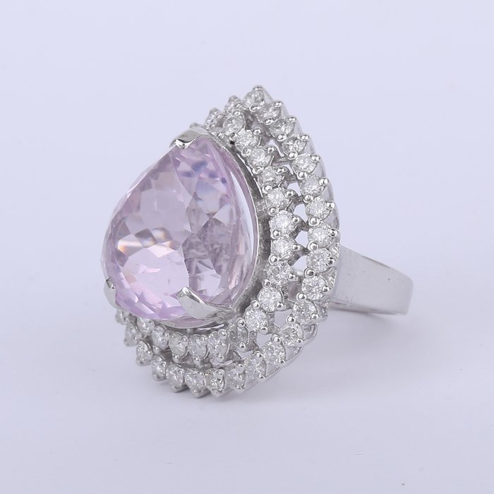 Cocktailring - 14 karat Hvidguld -  25.55ct. tw. Kunzit - Diamant - Kunzite diamantring