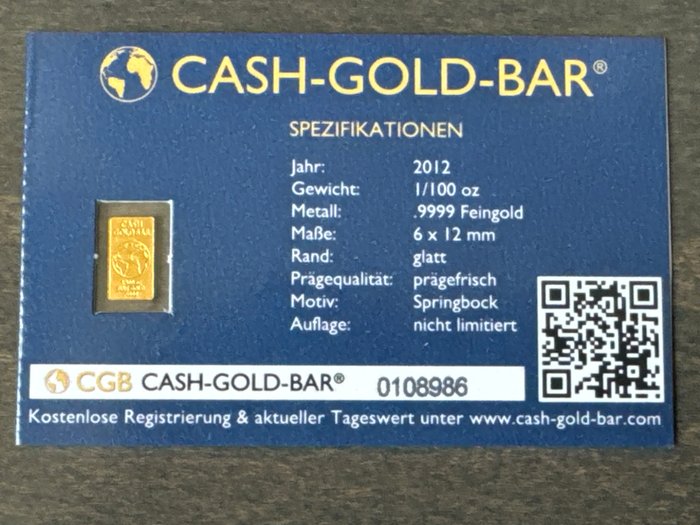 Verden. Gold bar ND Cash Gold Bar Sprinbock", 1/100 Oz (.999) Proof  (Ingen mindstepris)