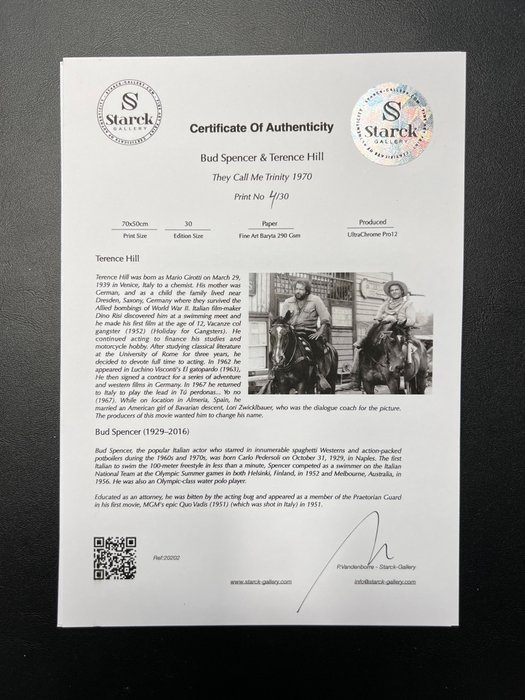 They Call Me Trinity 1970 - Bud Spencer  Terence Hill - Fine Art Photography - Luxury Wooden Framed 70X50 cm - Limited Edition Nr 01 of 30 - Serial ID 20202 - Original Certificate (COA) Hologram Logo Editor and QR Code - 100% New items