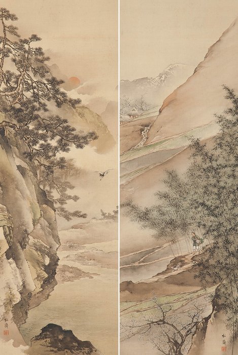 Very fine landscape diptych, signed - including inscribed tomobako - Tanaka Shosai (1867-1924) - Japan - Meiji-perioden (1868-1912)