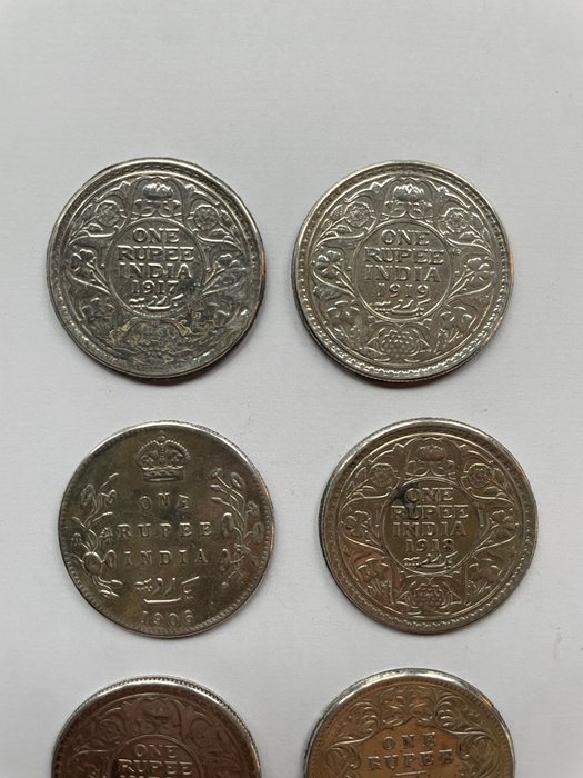 Britisk Indien. A Lot of 7x Silver British Colonial Rupees 1901-1919  (Ingen mindstepris)