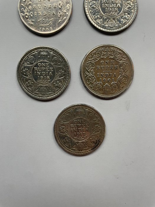 Britisk Indien. A Lot of 7x Silver British Colonial Rupees 1901-1919  (Ingen mindstepris)