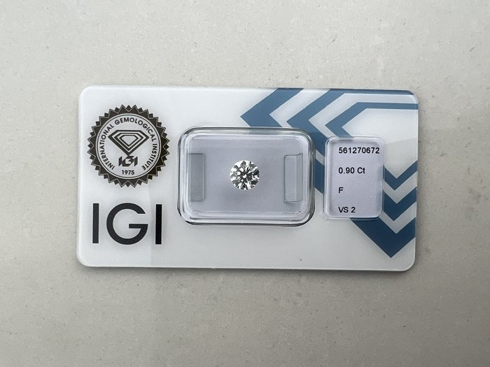 1 pcs Diamant  (Natur)  - 090 ct - Rund - F - VS2 - International Gemological Institute (IGI)