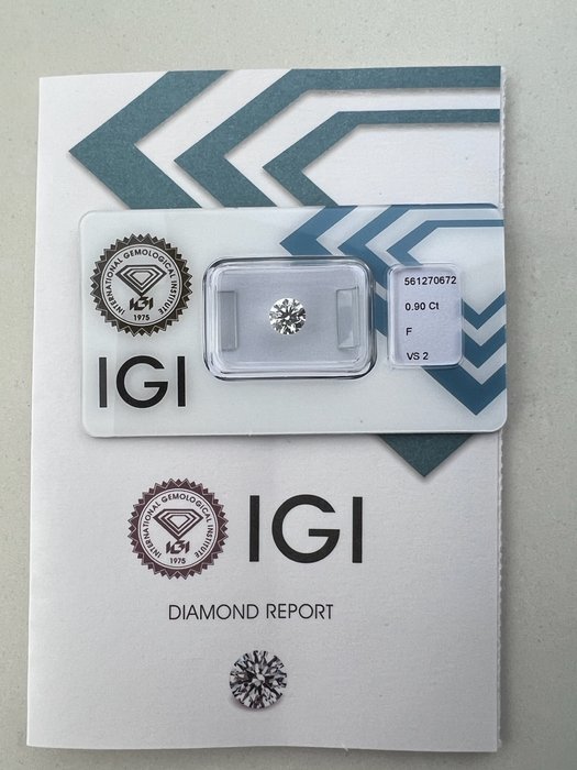 1 pcs Diamant  (Natur)  - 090 ct - Rund - F - VS2 - International Gemological Institute (IGI)