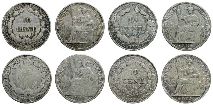 Fransk Indokina. 10 Cents 1899, 1911, 1919 A Torch KM# 9 and 10 Cents 1924 A Torch KM#16.1  (Ingen mindstepris)