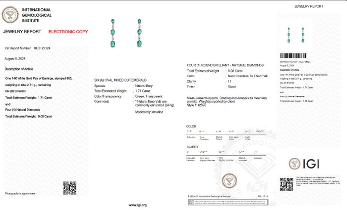 Ingen mindstepris - Øreringe - 14 karat Hvidguld -  179ct tw Smaragd - Diamant - Pink - IGI