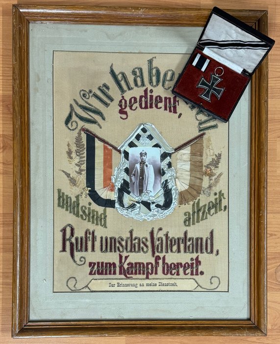 Det tyske kejserrige 1. verdenskrig - Badge - Eisernes Kreuz 1914 mit großem Erinnerungs- Stickbild und, Vorkriegs-Atelier-Foto, in Schachtel - 20. - først i (2. verdenskrig)