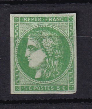 Frankrig 1870 - kyst €370 signeret, bordeaux 5c grøn gul rapport 2 - Yvert n°42B