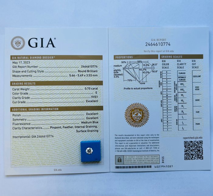 1 pcs Diamant  (Natur)  - 0.70 ct - Rund - E - VVS1 - Gemological Institute of America (GIA) - Ex Ex Ex