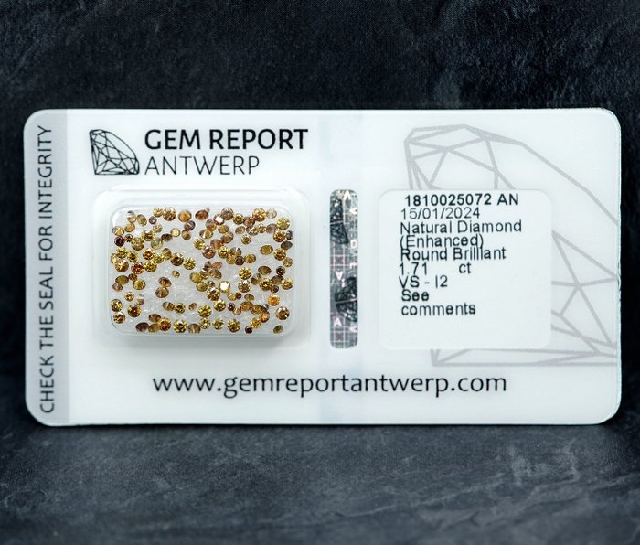 Ingen mindstepris - 119 pcs Diamant  (Farvebehandlet)  - 171 ct - Fancy Gul Orange - I2 VS2 - Gem Report Antwerp (GRA)