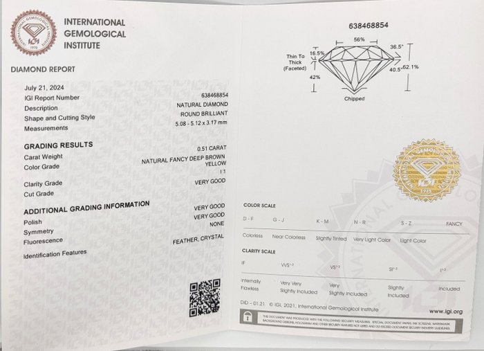 Ingen mindstepris - 1 pcs Diamant  (Naturfarvet)  - 0.51 ct - Rund - Fancy deep Brun Gul - I1 - International Gemological Institute (IGI)