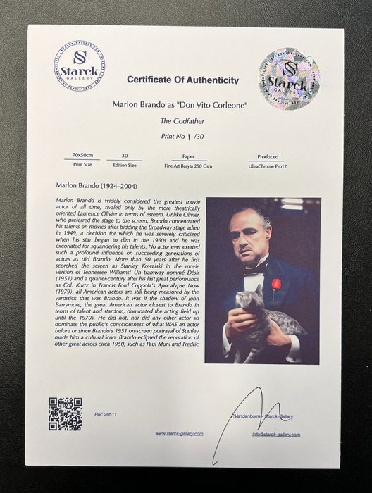 The Godfather, Marlon Brando as "Don Vito Corleone" - Fine Art Photography - Luxury Wooden Framed 70X50 cm - Limited Edition Nr 03 of 50 - Serial ID 20511 - Original Certificate (COA), Hologram Logo Editor and QR Code - 100% New items.