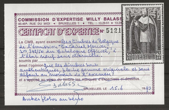 Belgien 1932 - Serie Cardinal Mercier - med CERTIFIKAT Willy Balasse - OBP/COB 342/50