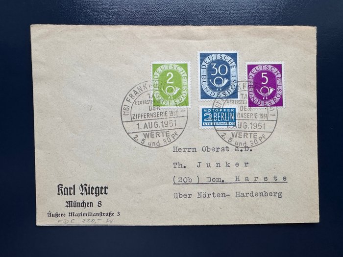 Tyskland, Forbundsrepublikken 1951 - FDC brev med posthornsmærker MiNo. 123, 132, 125 - Michel Nummer 123, 125, 132