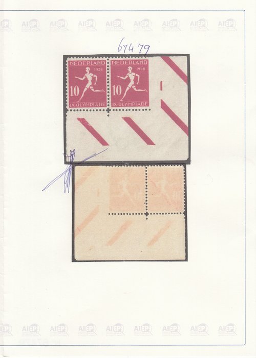 Holland 1928 - Olympiade, i par med sort på højre uperforeret - NVPH 217 + 217v