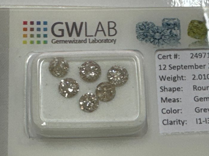 Ingen mindstepris - 6 pcs Diamant  (Naturfarvet)  - 201 ct - Rund Grå - I1 I2 I3 - Gemewizard Gemological Laboratory (GWLab)