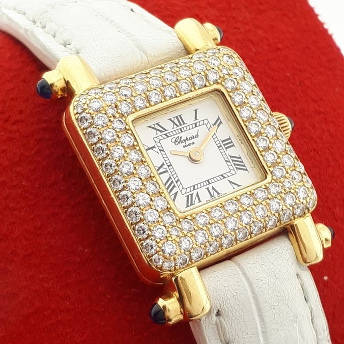 Chopard - Happy Sport 18K (750) Yellow Gold Case with Factory Set Diamonds  Blue Sapphire Stones - 419 1 - Kvinder - 2000-2010