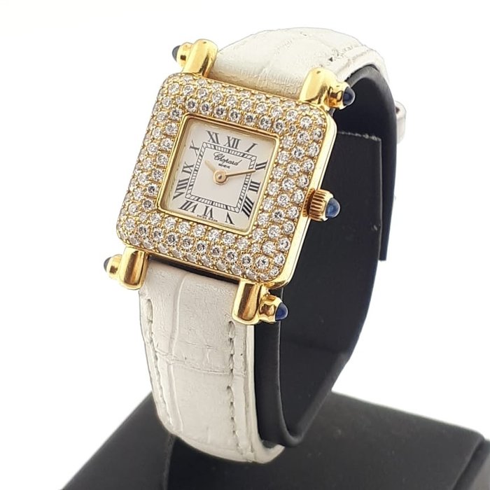 Chopard - Happy Sport 18K (750) Yellow Gold Case with Factory Set Diamonds  Blue Sapphire Stones - 419 1 - Kvinder - 2000-2010