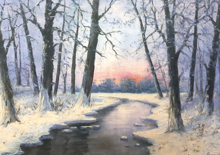 Ungarsk skole (XX) - Winter sunset by the forest stream