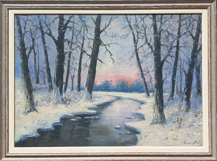 Ungarsk skole (XX) - Winter sunset by the forest stream