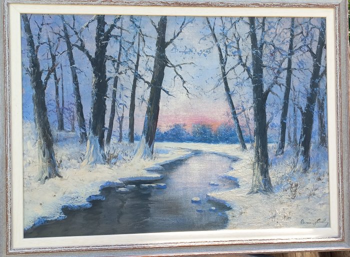 Ungarsk skole (XX) - Winter sunset by the forest stream