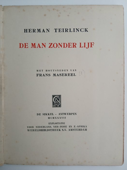 Herman Teirlinck, Frans Masereel - De man zonder lijf - 1937