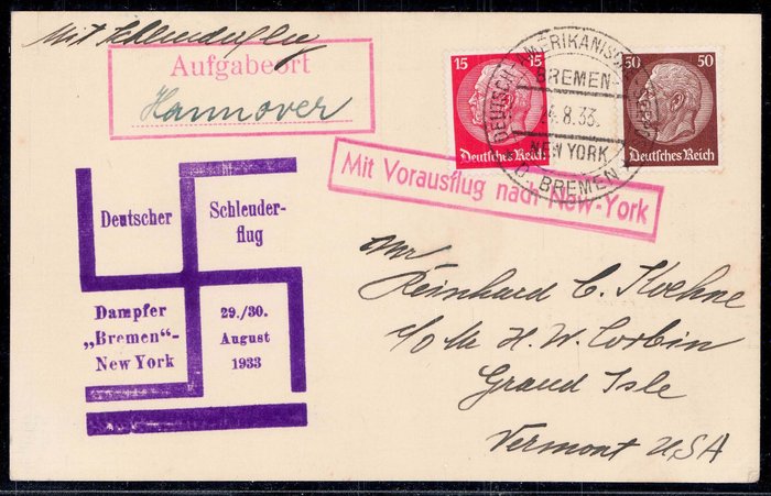 Tyske Kejserrige 1933 - Tysk slyngedamper Bremen med leveringsstedsstempel og søpost til USA