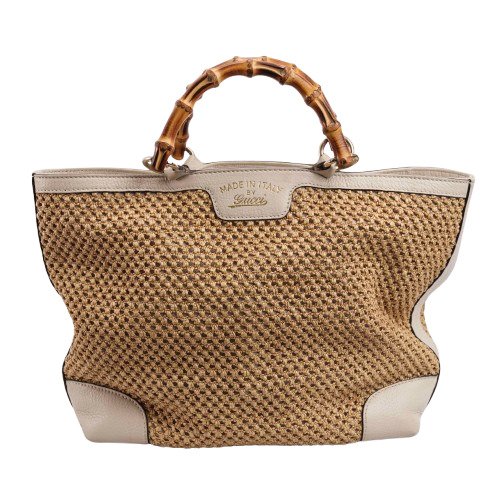 Gucci - Natural  White Straw Mesh Bamboo Shopper Handbag - Skuldertaske