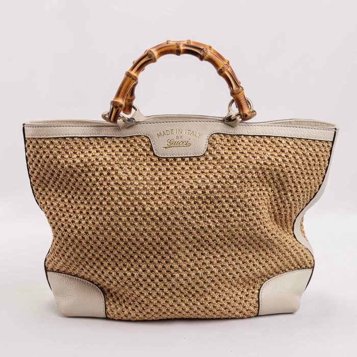 Gucci - Natural  White Straw Mesh Bamboo Shopper Handbag - Skuldertaske