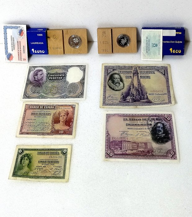 Spanien 1 Ecu / Billetes Pesetas Various Years (7 items)  (Ingen mindstepris)