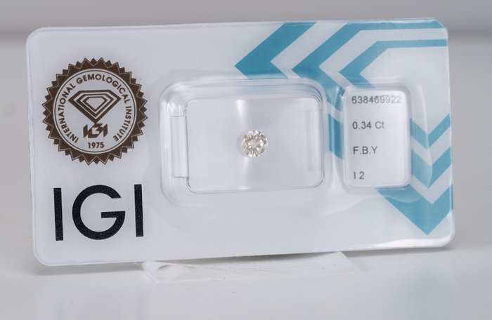 Ingen mindstepris - 1 pcs Diamant  (Naturfarvet)  - 0.34 ct - Rund - Fancy Brun Gul - I2 - International Gemological Institute (IGI) - Fancy Brun Gul