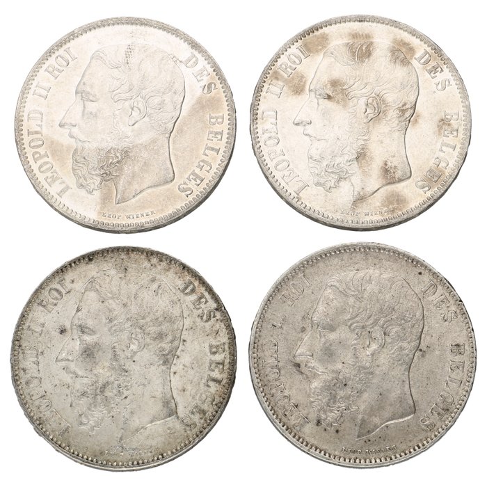 Belgien. Leopold II (1865-1909). 5 Francs 1873 (4 stuks)  (Ingen mindstepris)