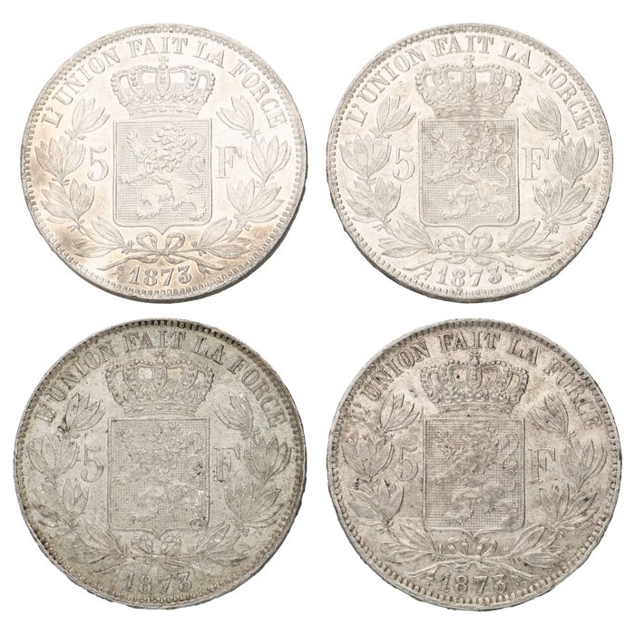 Belgien. Leopold II (1865-1909). 5 Francs 1873 (4 stuks)  (Ingen mindstepris)