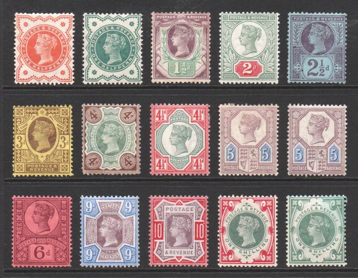 Storbritannien  - QV 1/2d - 1s jubilæumsudgavesæt inklusive begge 5d frimærker Mint-hængslet - SG197-SG214