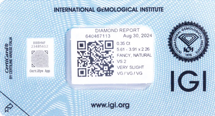 Ingen mindstepris - 1 pcs Diamant  (Naturfarvet)  - 0.35 ct - Oval - Fancy light Gullig Brun - VS2 - International Gemological Institute (IGI)