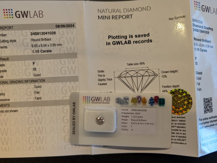 Ingen mindstepris - 1 pcs Diamant  (Natur)  - 1.10 ct - Rund - F - I2 - Gemewizard Gemological Laboratory (GWLab)