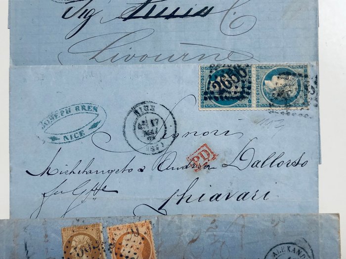 Frankrig 1868/1870 - Francia 1865/1890 lotto 4 lettere interessanti x Italia, Alessandria Egitto ,x Østrig