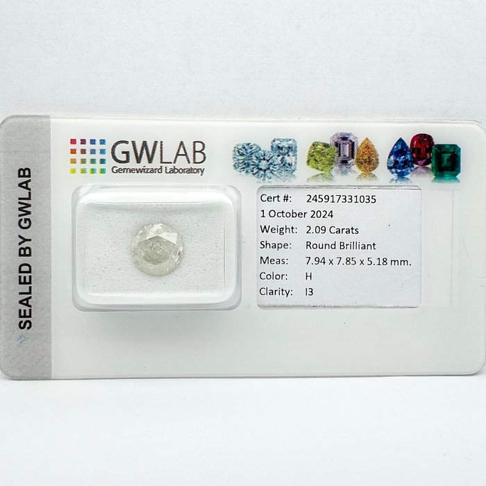 Ingen mindstepris - 1 pcs Diamant  (Natur)  - 2.09 ct - Rund - H - I3 - Gemewizard Gemological Laboratory (GWLab)