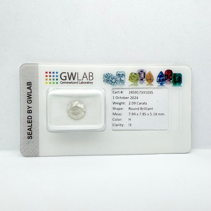 Ingen mindstepris - 1 pcs Diamant  (Natur)  - 2.09 ct - Rund - H - I3 - Gemewizard Gemological Laboratory (GWLab)