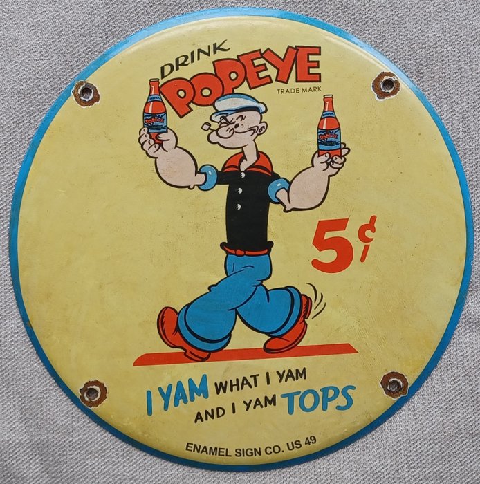 Tegn - Drink Popeye - I Yam what I Yam and I Yam Toppe - Emaljeskilt 30 cm