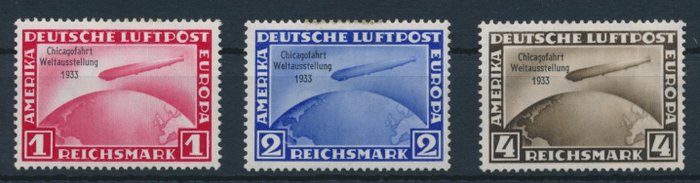 Tyske Kejserrige 1930 - Luftpoststempler Zeppelin 1 RM - 4 RM "Chicago trip", komplet sæt - Michel Nr. 496/498