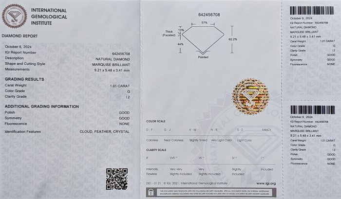 Ingen mindstepris - 1 pcs Diamant  (Natur)  - 1.01 ct - Marquise - G - I2 - International Gemological Institute (IGI)