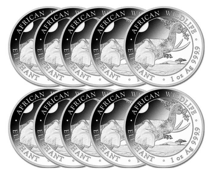 Somalia. 10 x 1 oz 2023 African Wildlife Elephant Silver Coin BU