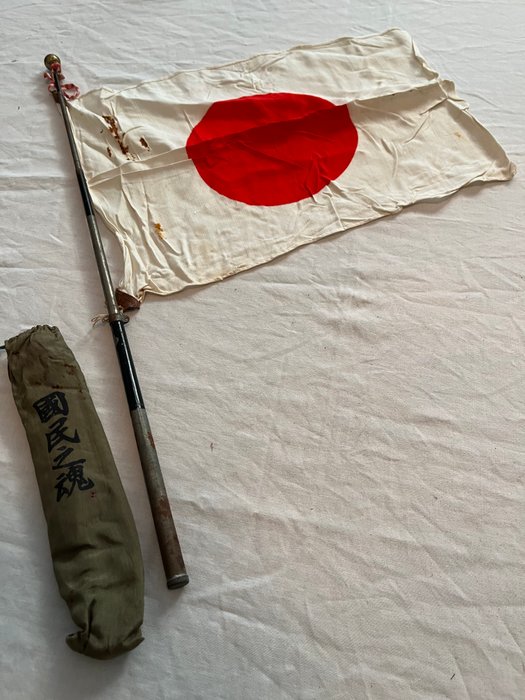 Old Imperial Japanese Army - Rising Sun Hinomaru håndholdt flag med teleskopstang med original - Flag