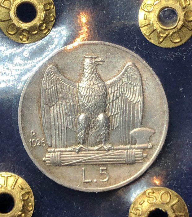 Italien, Kongerig Vittorio Emanuele III. 5 Lire 1926 "Aquilino" bordo largo  (Ingen mindstepris)