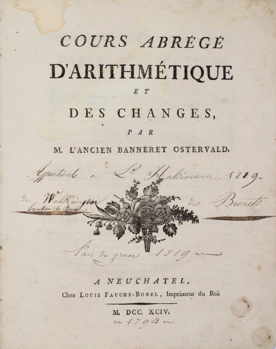 Frédéric Samuel Ostervald - Cours abrégé d’Arithmétique et des Changes - 1794